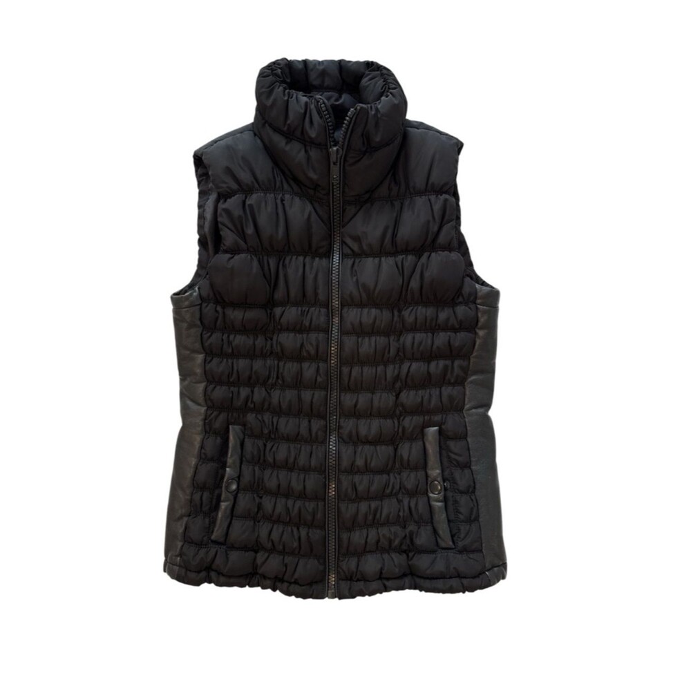 Black Rivet Women’s Quilted Puffer Vest - Black, Size XS - Faux Leather Detail
